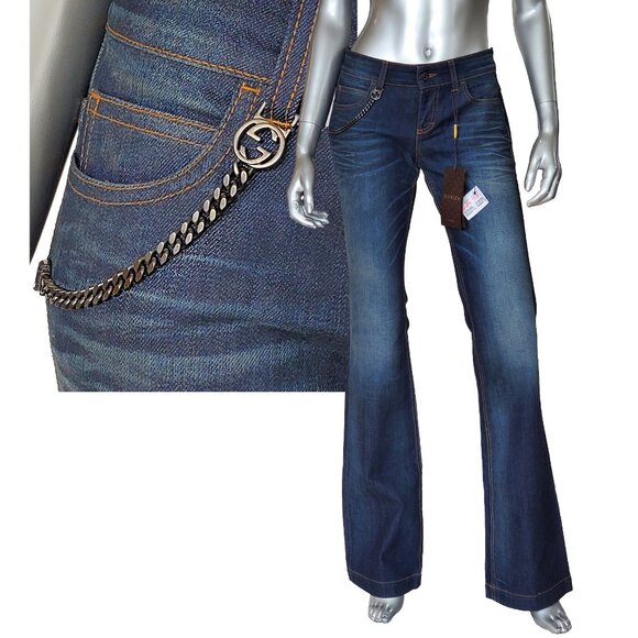 GUCCI JEANS FLARED DENIM PANTS w INTERLOCKING G LOGO CHAIN HARDWARE sz 42 / US 6 - Picture 1 of 14